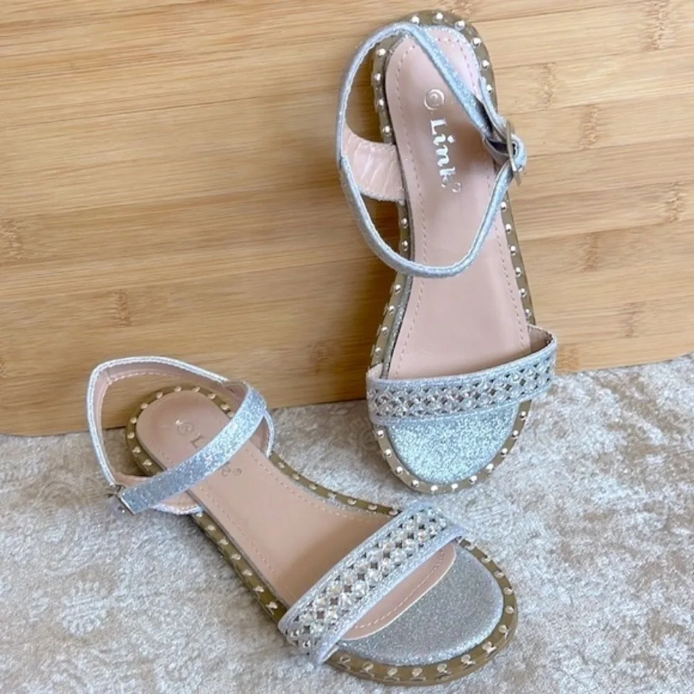 Brand New Link Silver Tone Beaded Embellished Sparkly Ankle Strap Buckle Sandals